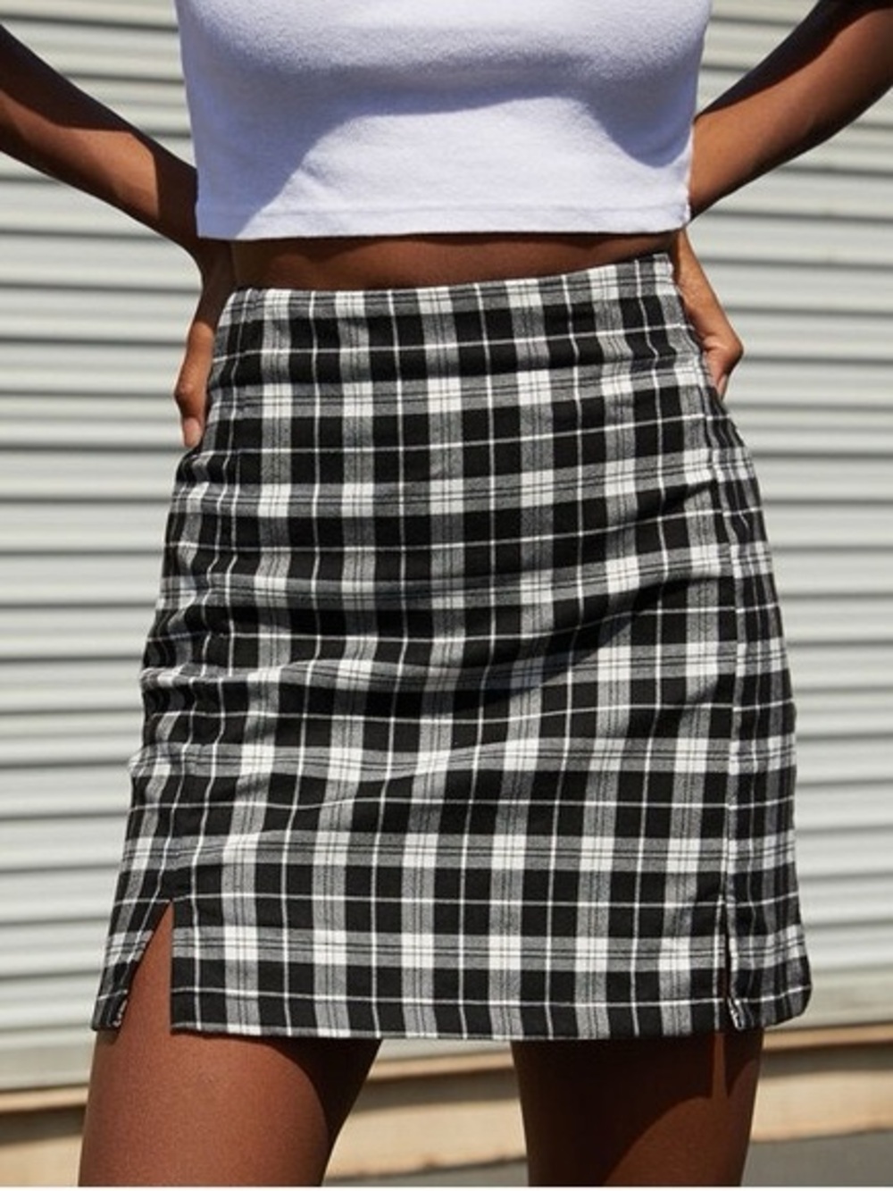 Brandy Melville Black Plaid Slit Miniskirt